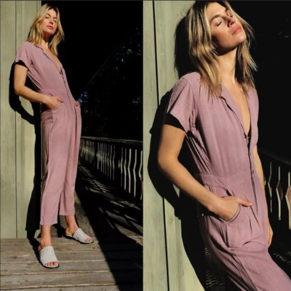 Free People Margot Mauve Linen Short Sleeve Coverall Jumpsuit